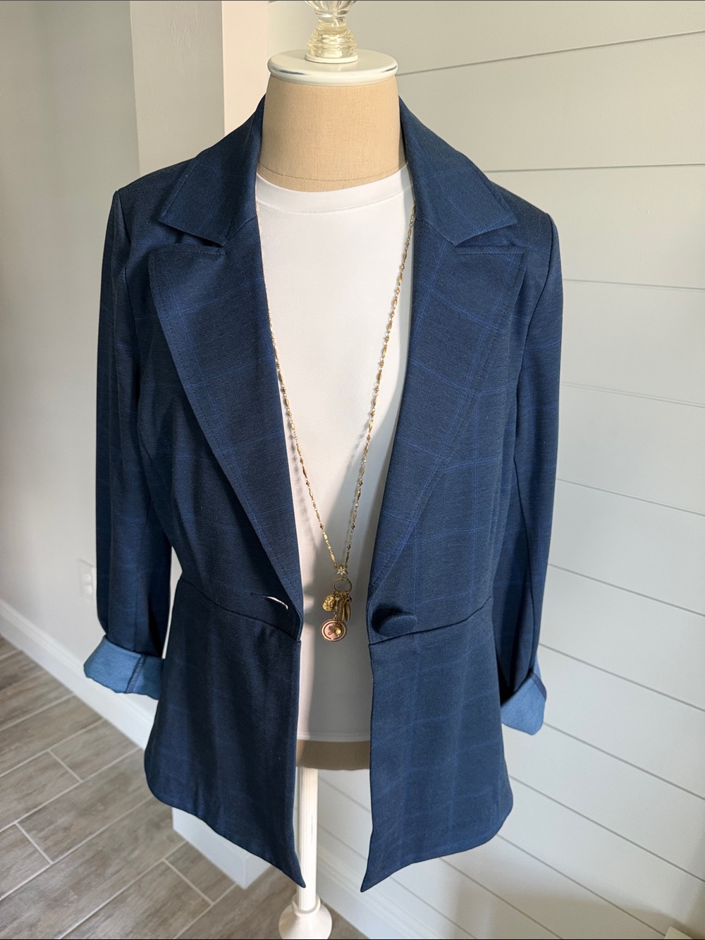 Cabi Sunset Kiss Windowpane Jacket Navy Plaid Open-Front Blazer Jacket